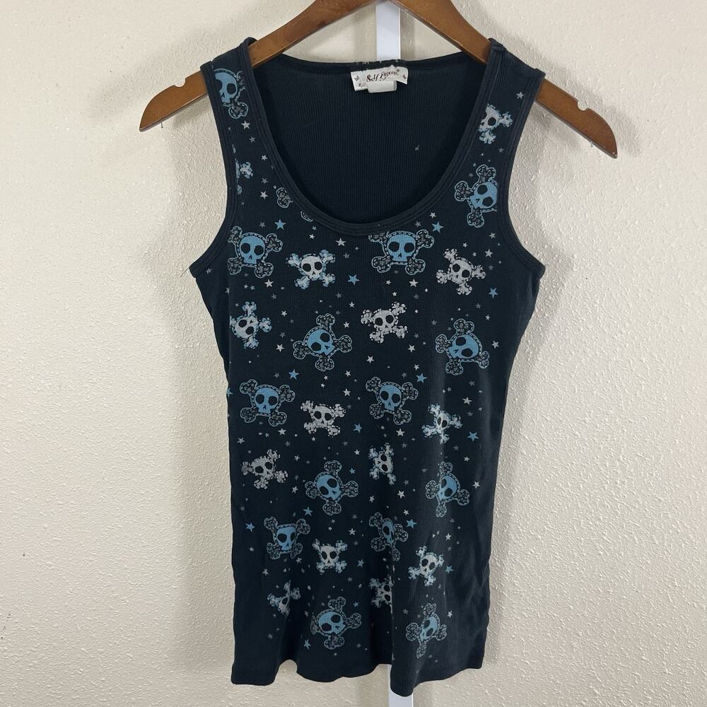 Self Esteem Y2K Skull Crossbones Ribbed Tank Top Womens XS S Emo Scene